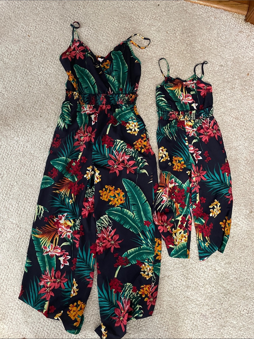 Mommy and me Tropical Floral Matching Jumpsuit Set - Black Green Red